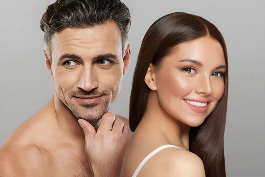 Aesthetics-Cosmetics-Doctor A handsome man and beautiful brunette woman stand against a gray background showing their smooth beautiful skin resulting from aesthetic and cosmetic care from Genifer Chavez, MD in Tucson.