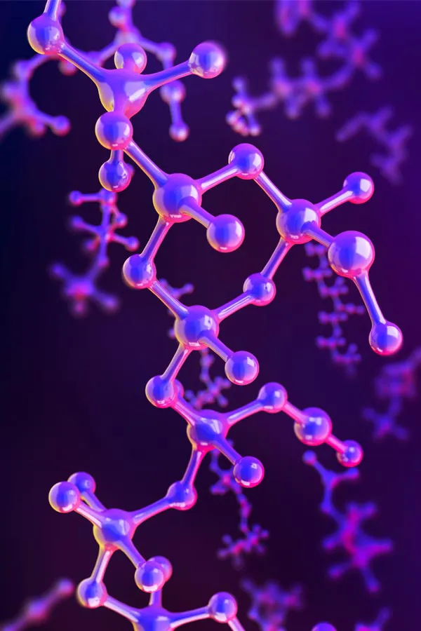 Hormone-Pellet-Treatment A 3D illustration of molecules in purple hues, representing hormone pellet treatments from Genifer Chavez, MD in Tucson.